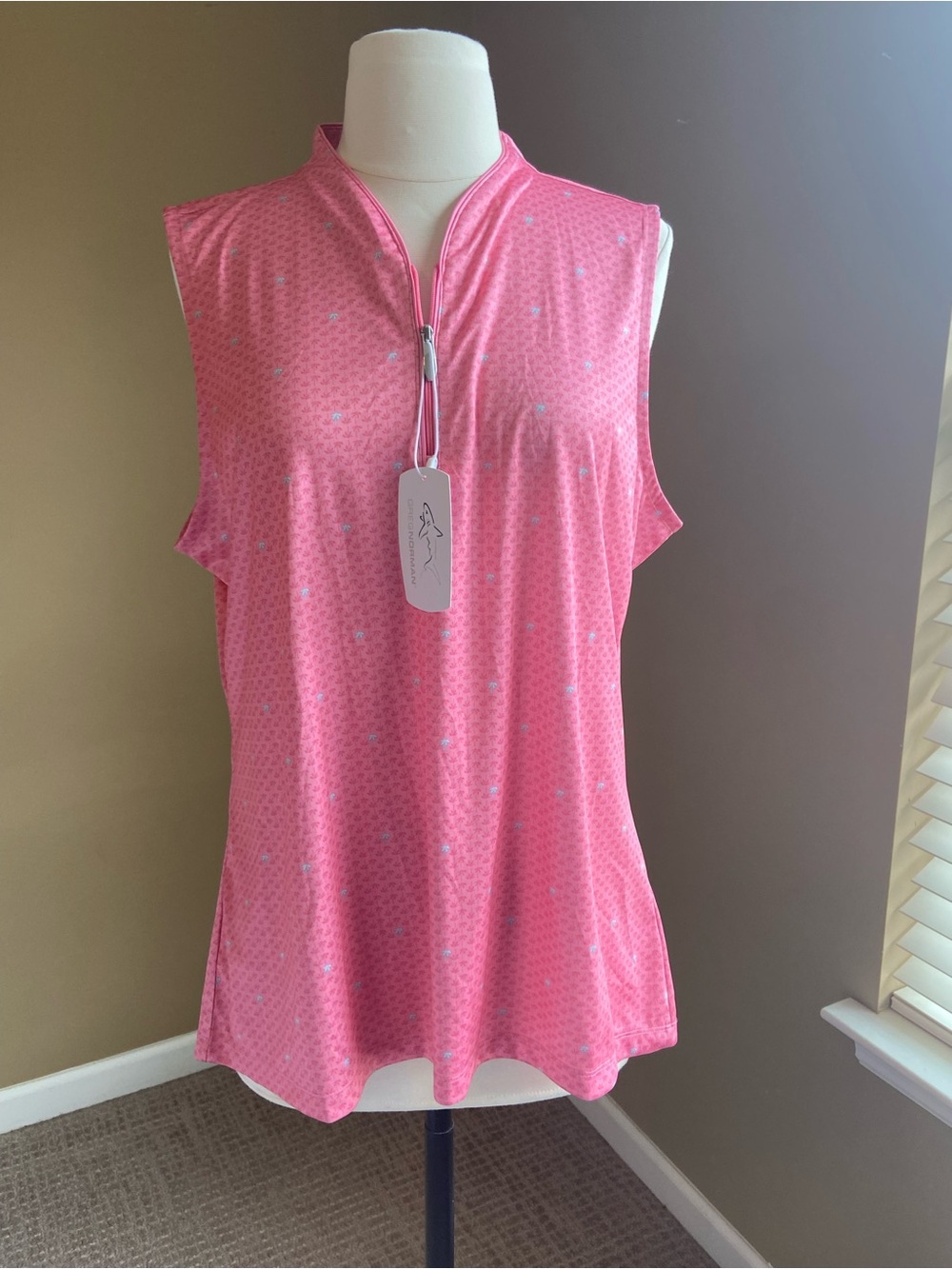 Women’s NWT Greg Norman Sleeveless Zip Polo in Pink with Palm Trees- XLarge Golf